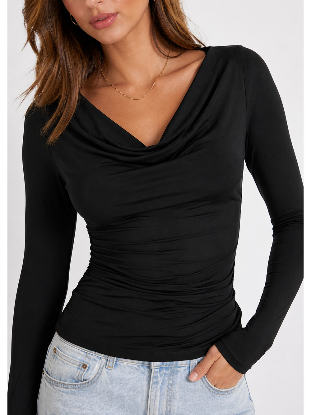Cowl Neck Ruched Long Sleeve Top
